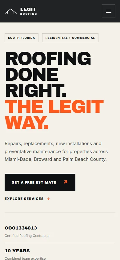 Portada de Legit Roofing en móvil