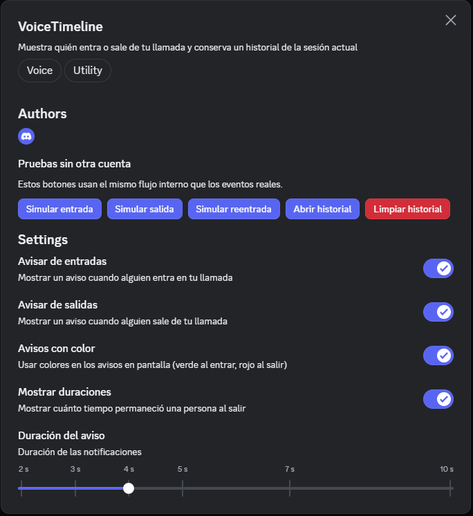 Ajustes reales del plugin VoiceTimeline dentro de Vencord
