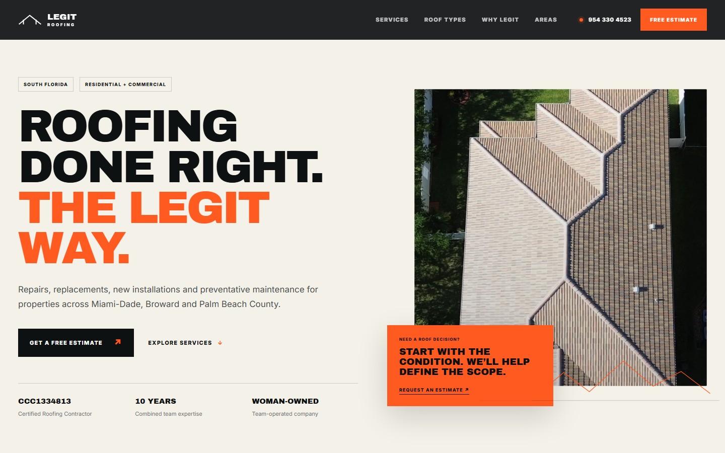Hero de la web de Legit Roofing